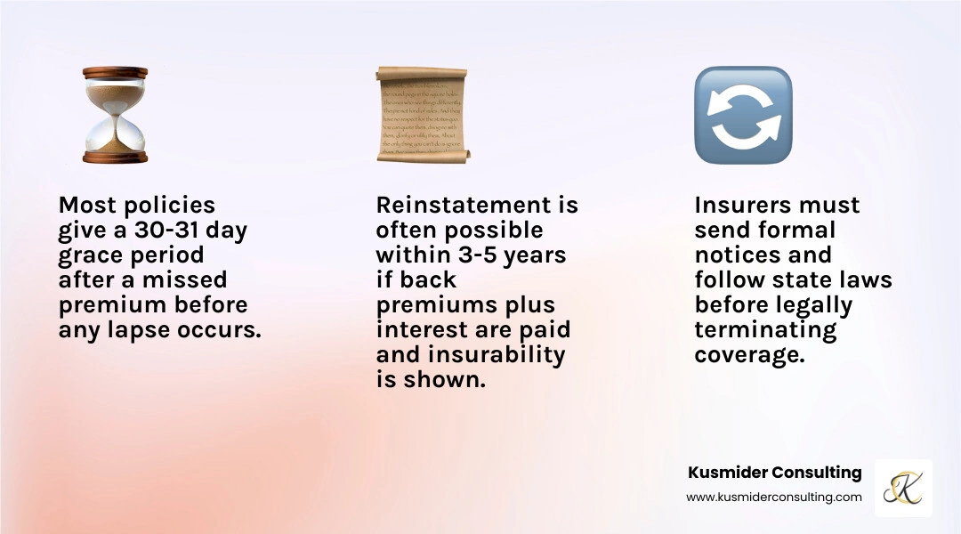Life insurance lapse timeline showing grace period, lapse date, reinstatement window, and options at each stage infographic