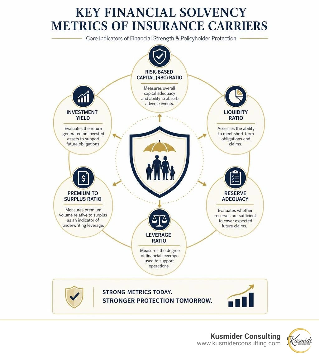 Infographic showing key financial solvency metrics of insurance carriers infographic Infographic showing key financial solvency metrics of insurance carriers infographic