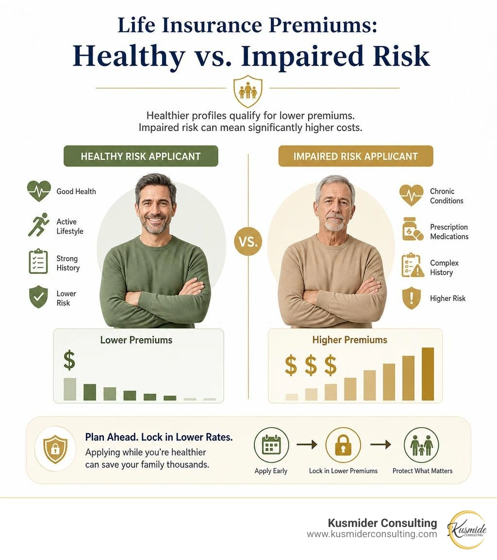 Infographic showing the differences in premium costs between healthy and impaired risk applicants infographic Infographic showing the differences in premium costs between healthy and impaired risk applicants infographic