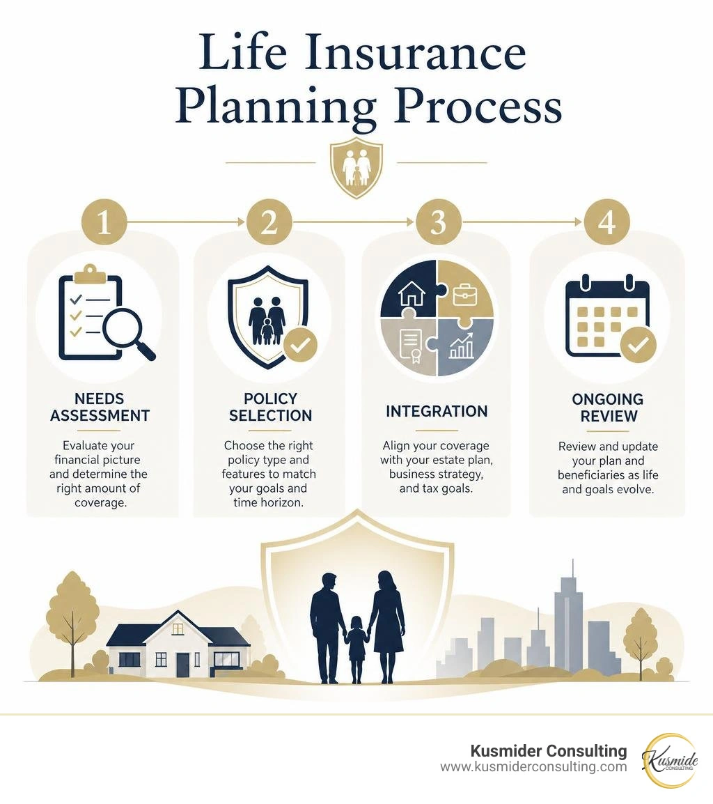 Life insurance planning process: needs assessment, policy selection, integration, and ongoing review infographic Life insurance planning process: needs assessment, policy selection, integration, and ongoing review infographic