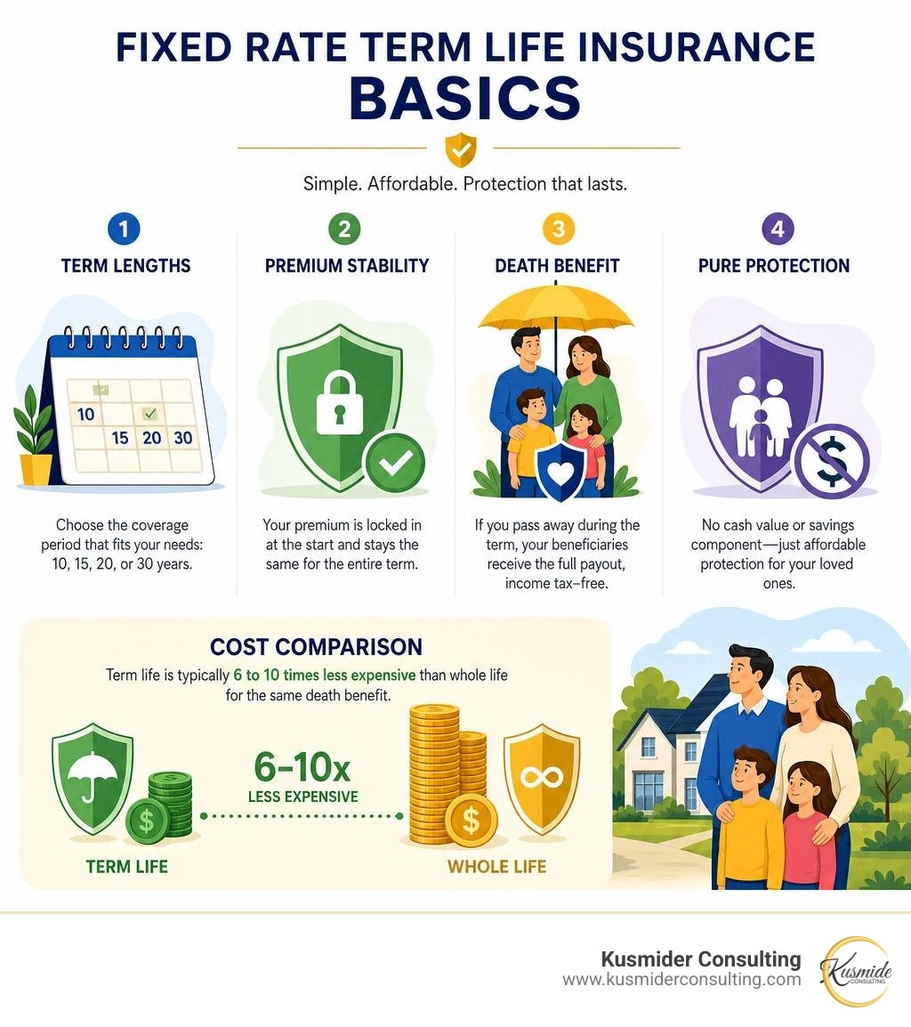 Fixed rate term life insurance basics: term lengths, premium stability, death benefit, and cost comparison infographic Fixed rate term life insurance basics: term lengths, premium stability, death benefit, and cost comparison infographic