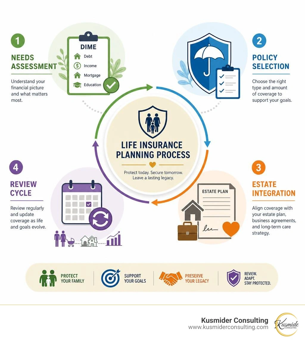 Life insurance planning process: needs assessment, policy selection, estate integration, and review cycle infographic Life insurance planning process: needs assessment, policy selection, estate integration, and review cycle infographic