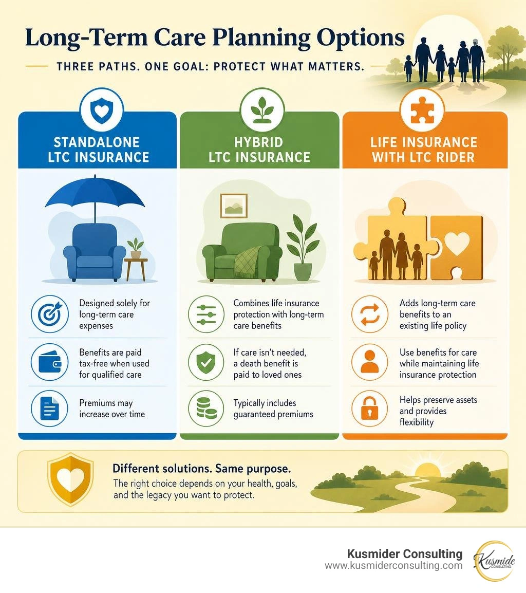Infographic: comparison of standalone LTC, hybrid LTC, and life with LTC riders infographic Infographic: comparison of standalone LTC, hybrid LTC, and life with LTC riders infographic