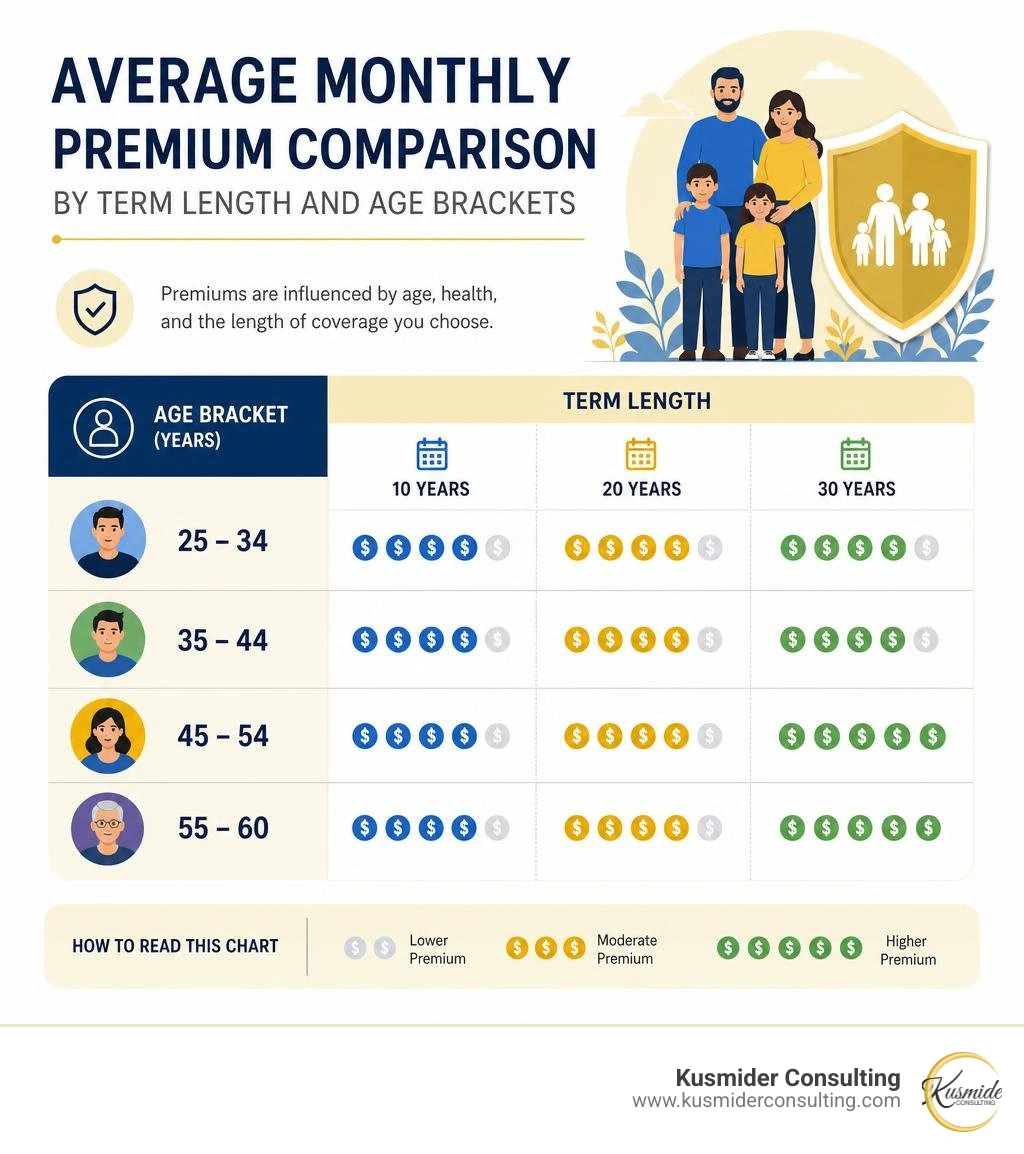 Infographic: average monthly premium comparison by term length and age brackets infographic Infographic: average monthly premium comparison by term length and age brackets infographic