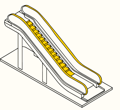 Isometric illustration of an escalator with yellow steps and handrails.