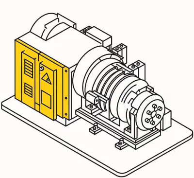 Isometric illustration of a mechanical generator with a yellow control panel mounted on a rectangular base.
