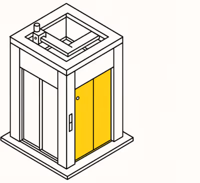 Isometric illustration of a building elevator with yellow sliding doors partially open.