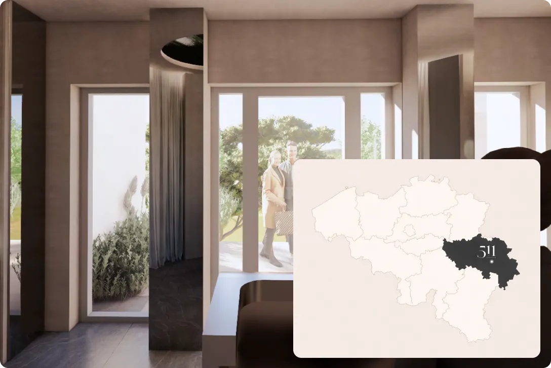 Intérieur moderne lumineux avec une grande fenêtre donnant sur un jardin où un couple se tient, superposé d'une carte de Belgique montrant en surbrillance la région de la Wallonie avec le chiffre 511.