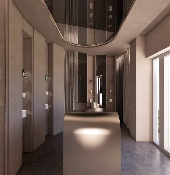 Intérieur moderne d'une salle de bain avec un grand lavabo central, des murs gris et une grande fenêtre laissant entrer la lumière naturelle.