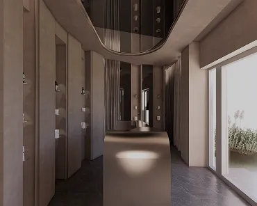 Couloir moderne avec murs taupe, éclairage encastré, meuble central et grande fenêtre donnant sur un jardin.