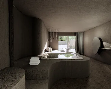 Intérieur d'une salle de bain moderne avec une baignoire encastrée, lumière naturelle entrant par une grande fenêtre.