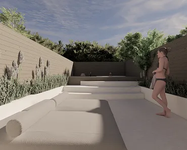 Personne en maillot de bain marchant le long d'une piscine extérieure encadrée par des murs avec des plantes.