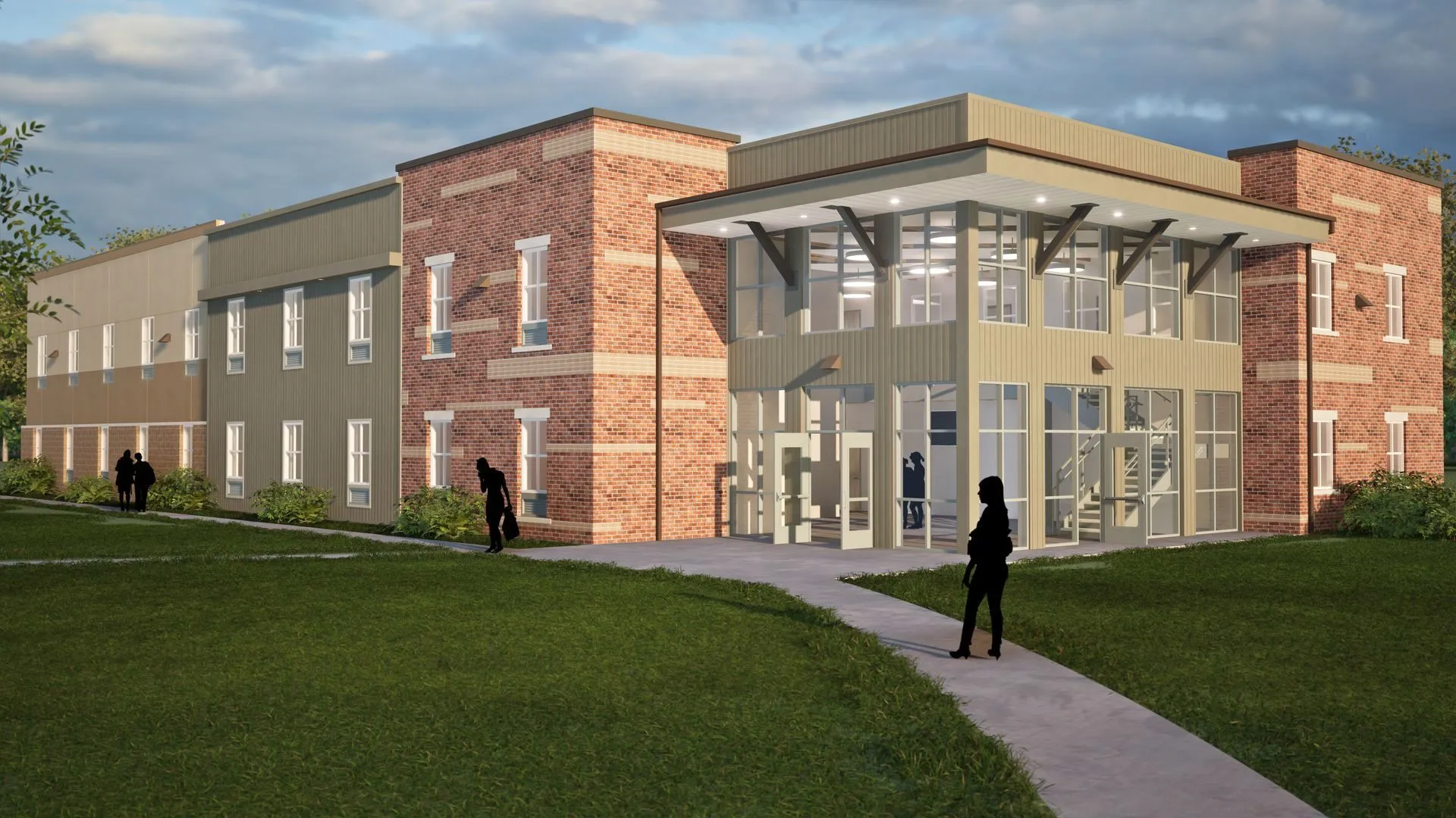 Architectural rendering of a modern two-story brick and metal-clad building with large windows, a covered entrance, landscaped grounds, and people walking along a sidewalk.