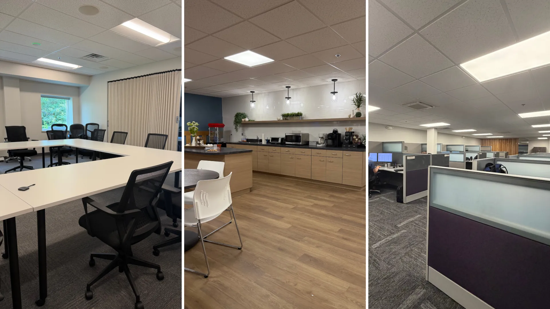 Renovated commercial office interior featuring a conference room, employee break room, and open office workspace.