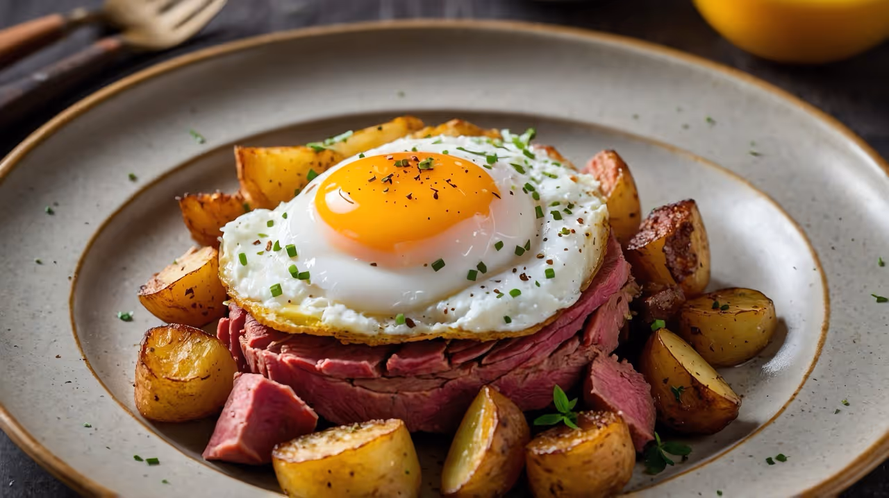 Plate with sliced roast beef topped with a fried egg and garnished with chopped herbs, surrounded by roasted potato pieces.