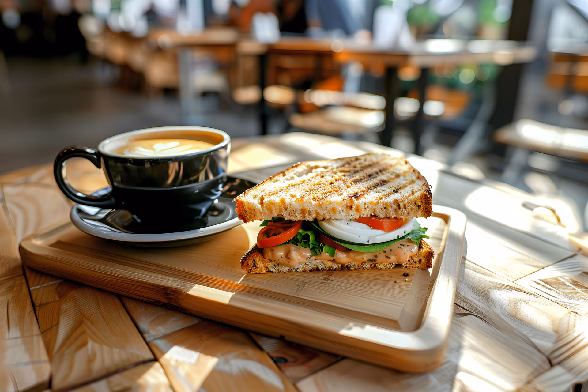 Grilled sandwich with tomato, lettuce, and sauce beside a latte with heart-shaped foam on a wooden tray in a café.