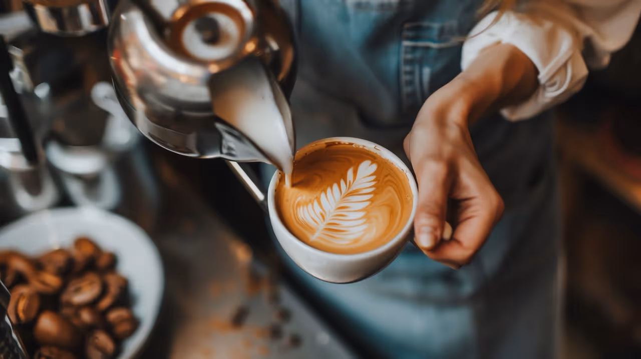 Barista pouring latte art into a cup of coffee, with milk forming a leaf pattern on the surface.