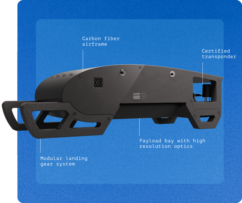 Near Space Labs Swift robot with details pointed out showing the carbon fiber airframe, certified transponder, payload bay with high resolution optics, and modular landing gear system.