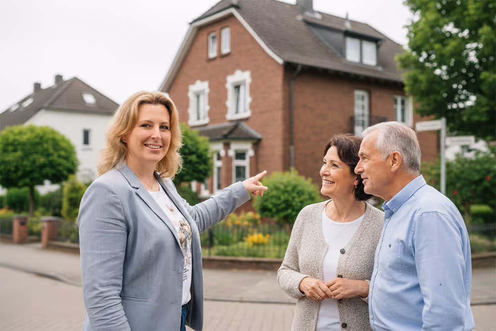 Eine Frau zeigt einem älteren Paar ein Haus in einer ruhigen Nachbarschaft.