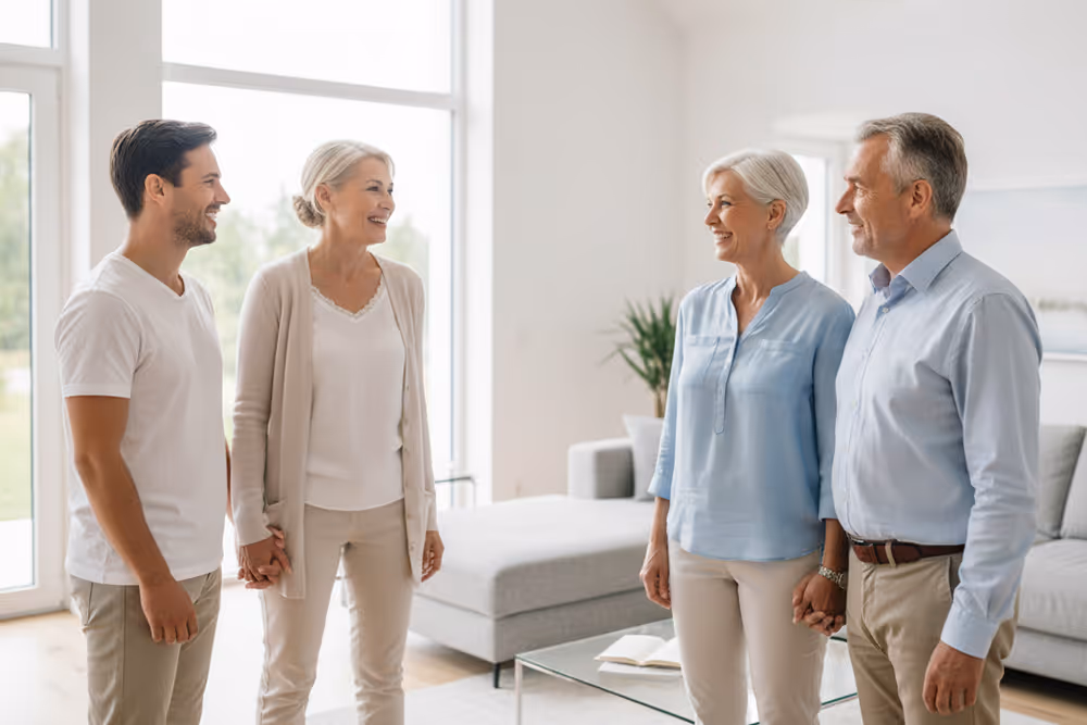 Zwei Paare, jeweils älter und jünger, halten sich in einem hellen Wohnzimmer an den Händen und lächeln sich an.