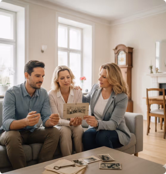 Drei Erwachsene sitzen auf einem Sofa in einem Wohnzimmer und betrachten gemeinsam alte Schwarzweiß-Fotos.
