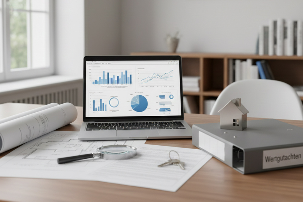 Laptop zeigt Geschäftsdaten und Diagramme auf einem Schreibtisch mit Bauplänen, Lupe, Schlüsseln und einem Ordner mit der Aufschrift Wertgutachten.