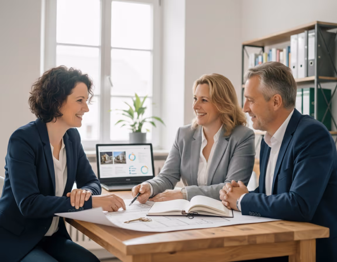 Drei Personen in einem Büro, die an einem Tisch mit Bauplänen und Schlüssel sitzen und lächelnd eine Besprechung führen.