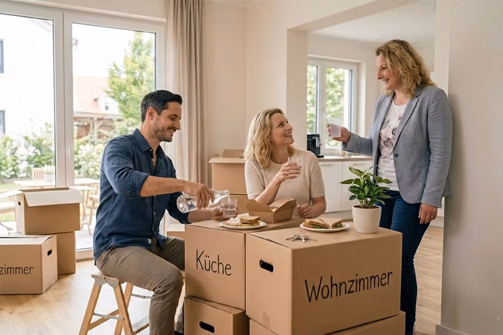 Drei Personen machen eine Pause beim Umzug, trinken Wasser und essen Sandwiches an mit 'Küche' und 'Wohnzimmer' beschrifteten Umzugskartons.