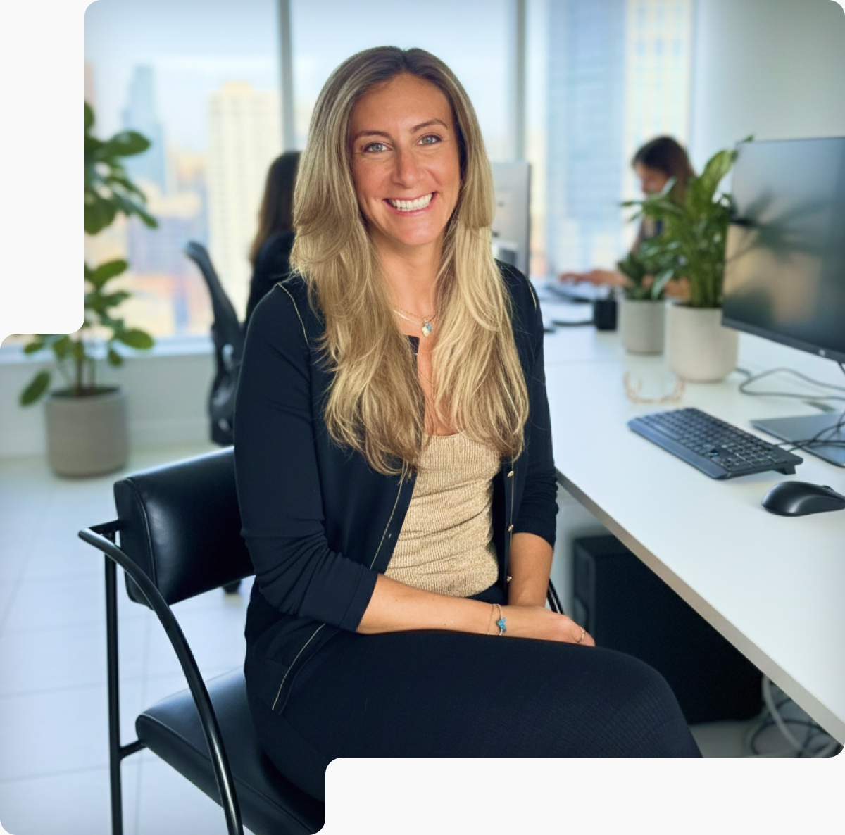 Smiling woman with long blonde hair sitting on a chair in a modern office with computers and plants.