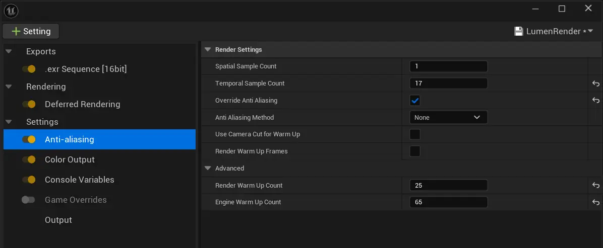 render settings