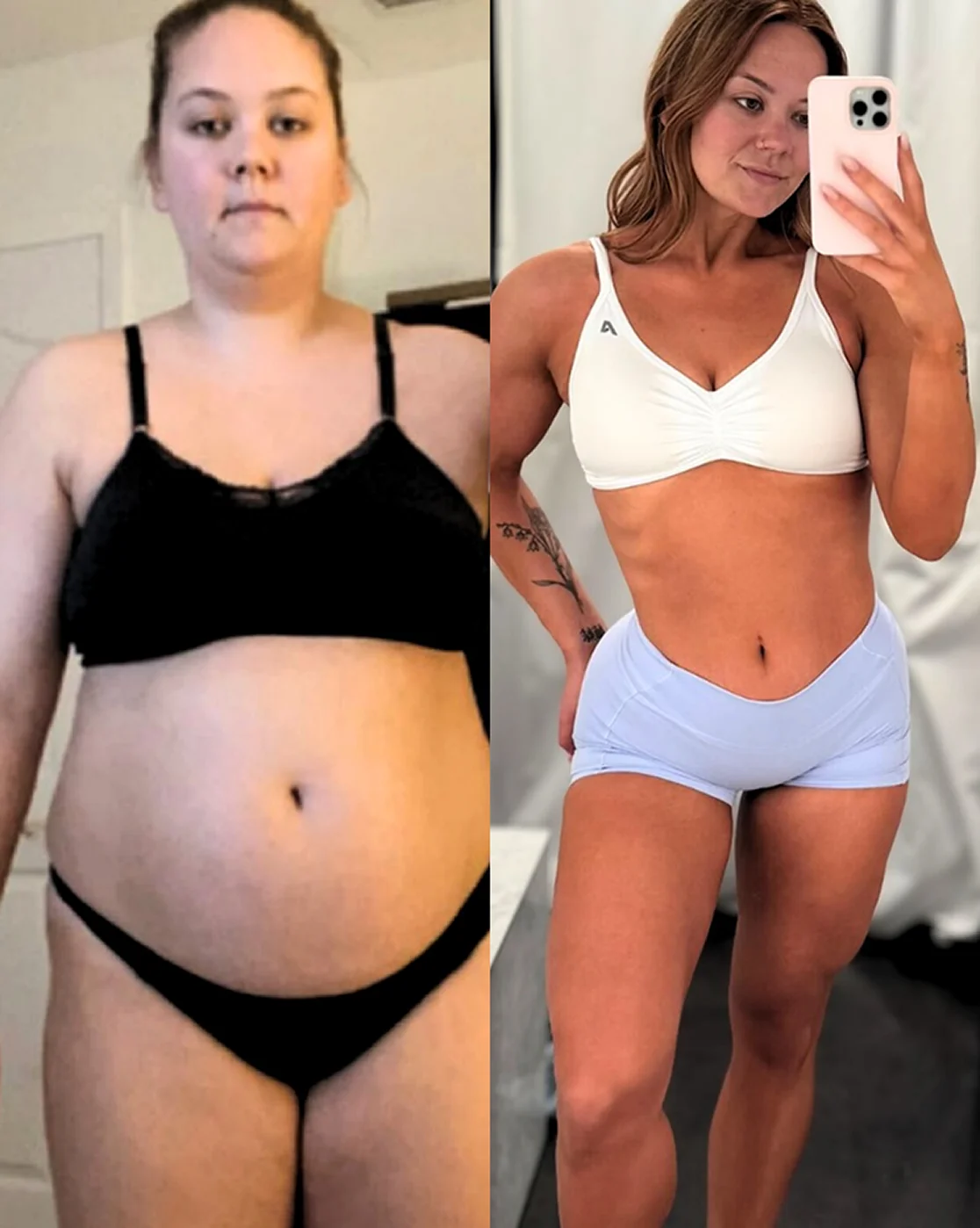 Client transformation showing fat loss and improved physique results from coaching