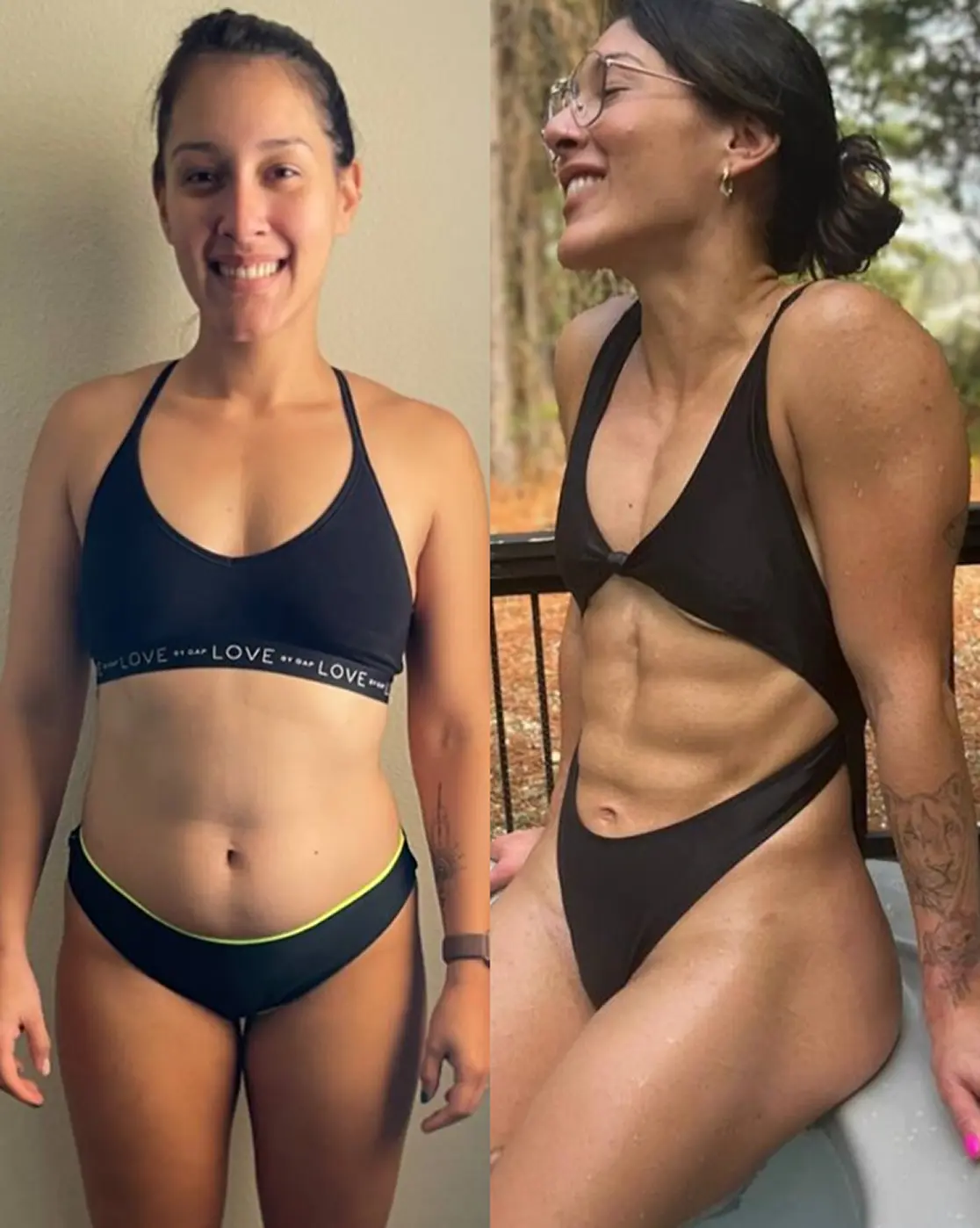 Before and after transformation showing body composition changes and fat loss progress