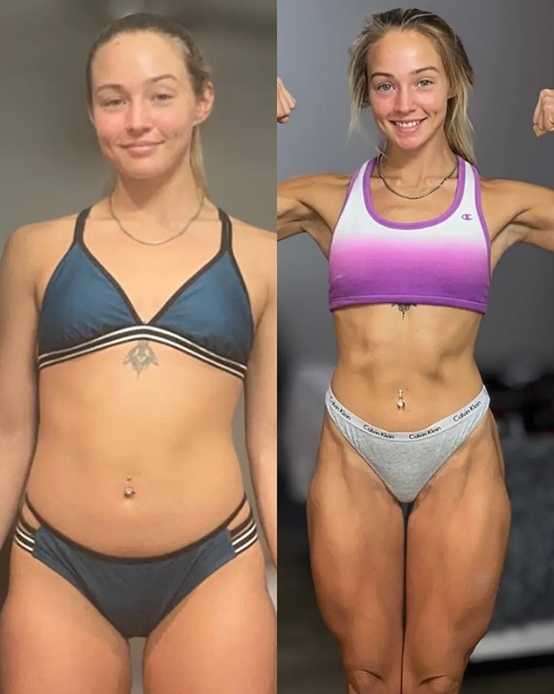 Before and after fitness transformation showing fat loss and improved body composition