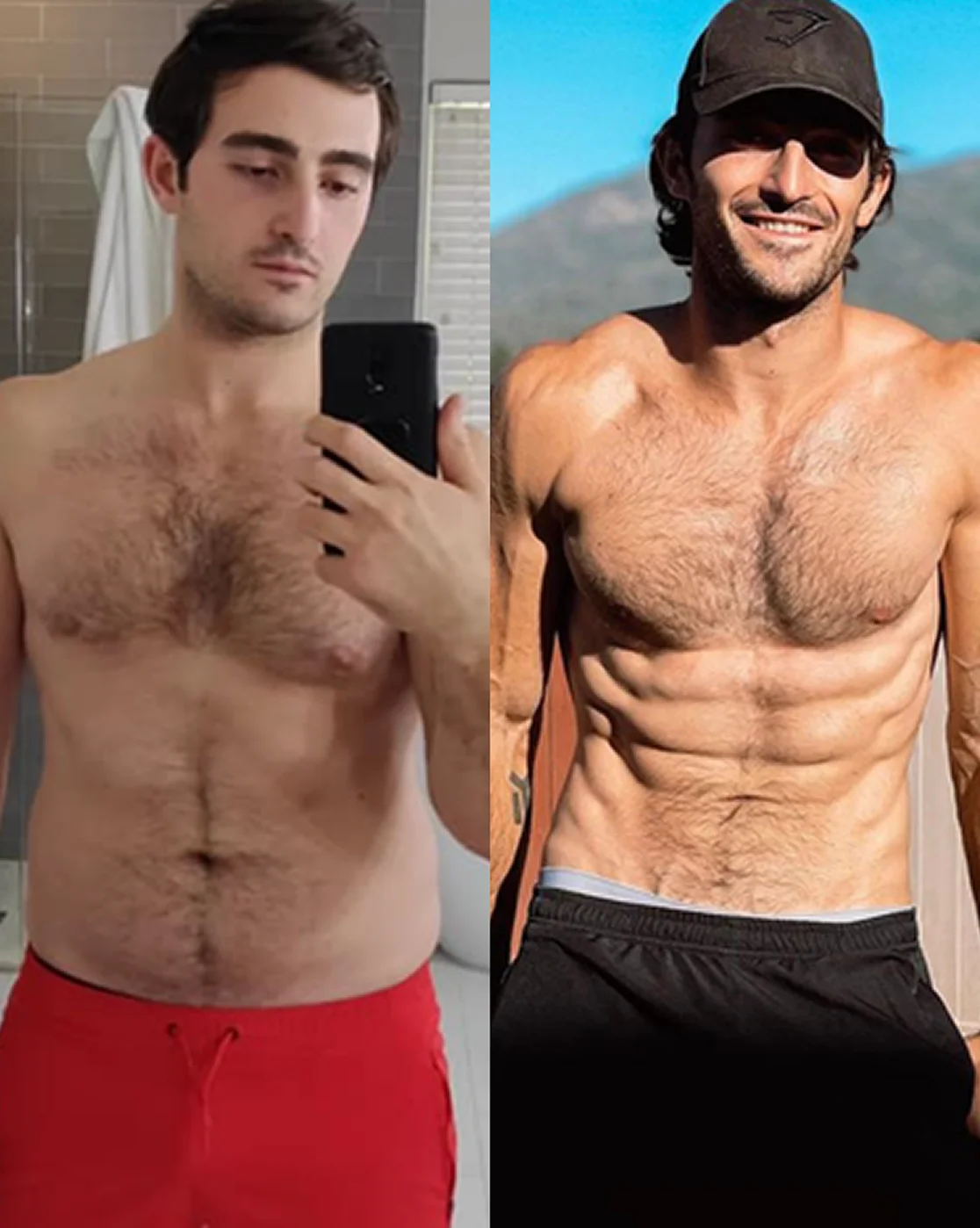 Before and after fitness transformation showing fat loss and improved body composition