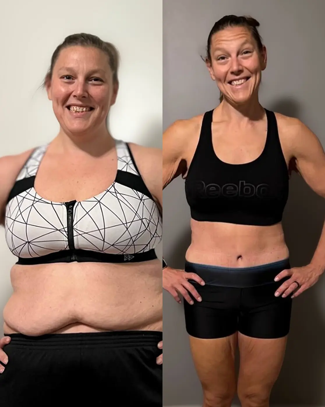 Before and after weight loss transformation showing fat loss and improved physique
