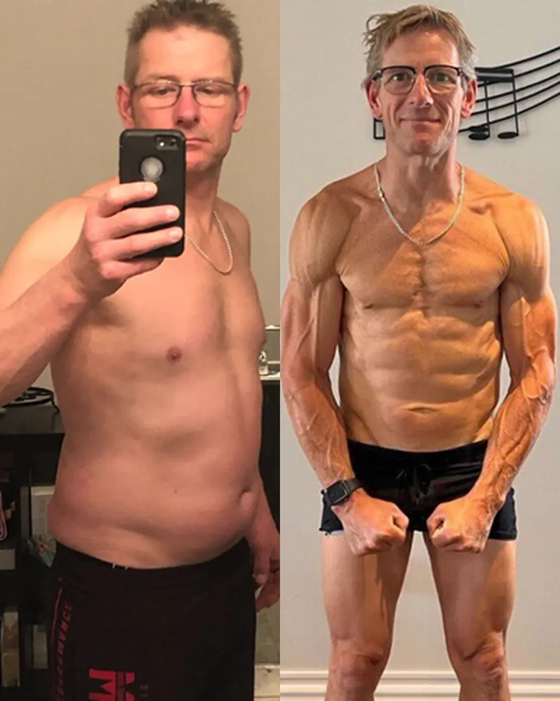 Client transformation showing fat loss and improved physique results from coaching