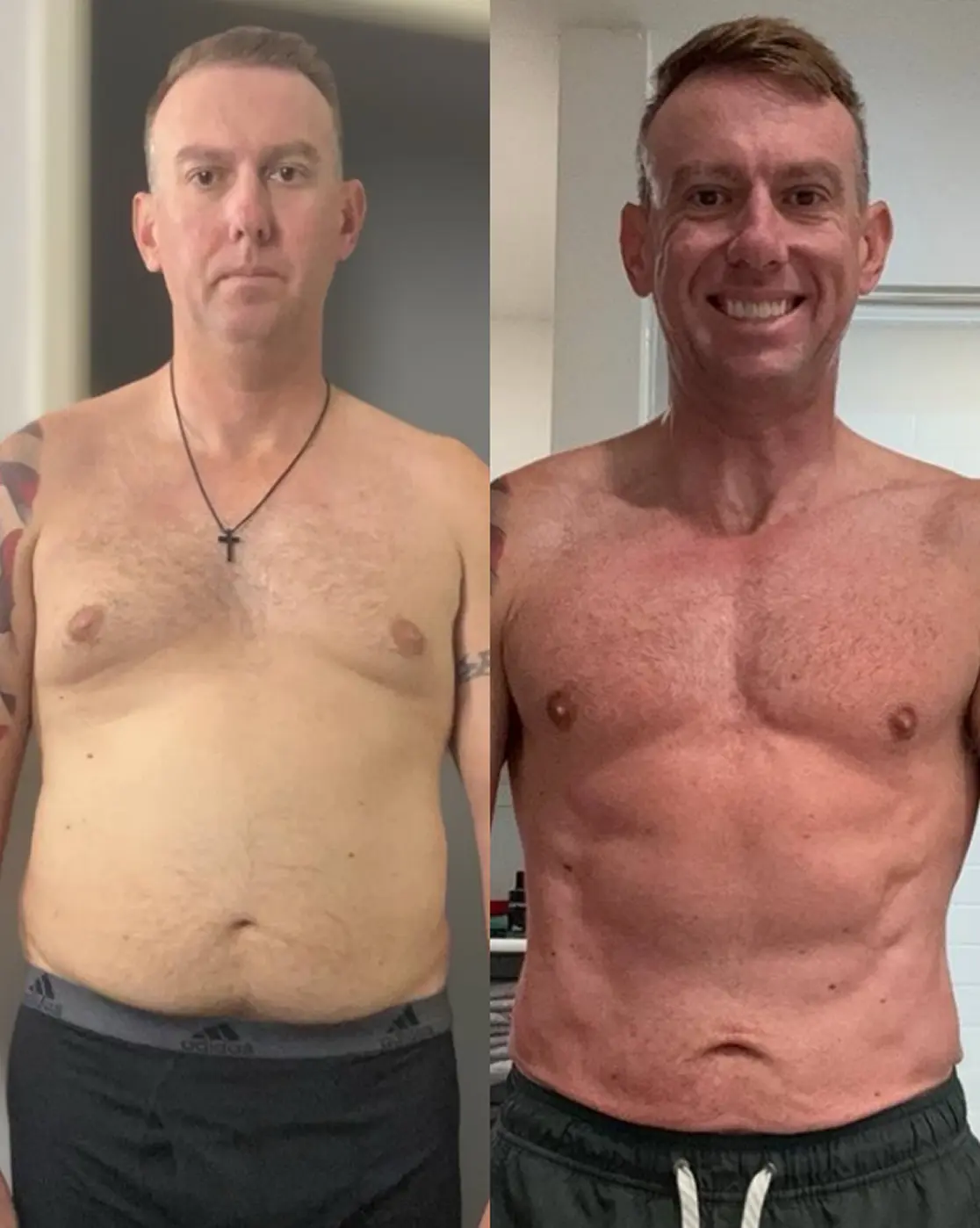 Before and after weight loss transformation showing fat loss and improved physique