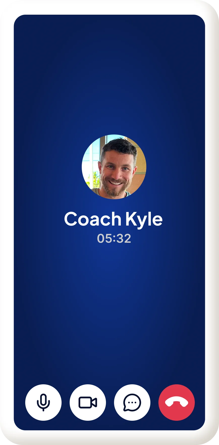 Fitness coaching app screen showing call with Coach Kyle for weekly check-in and support