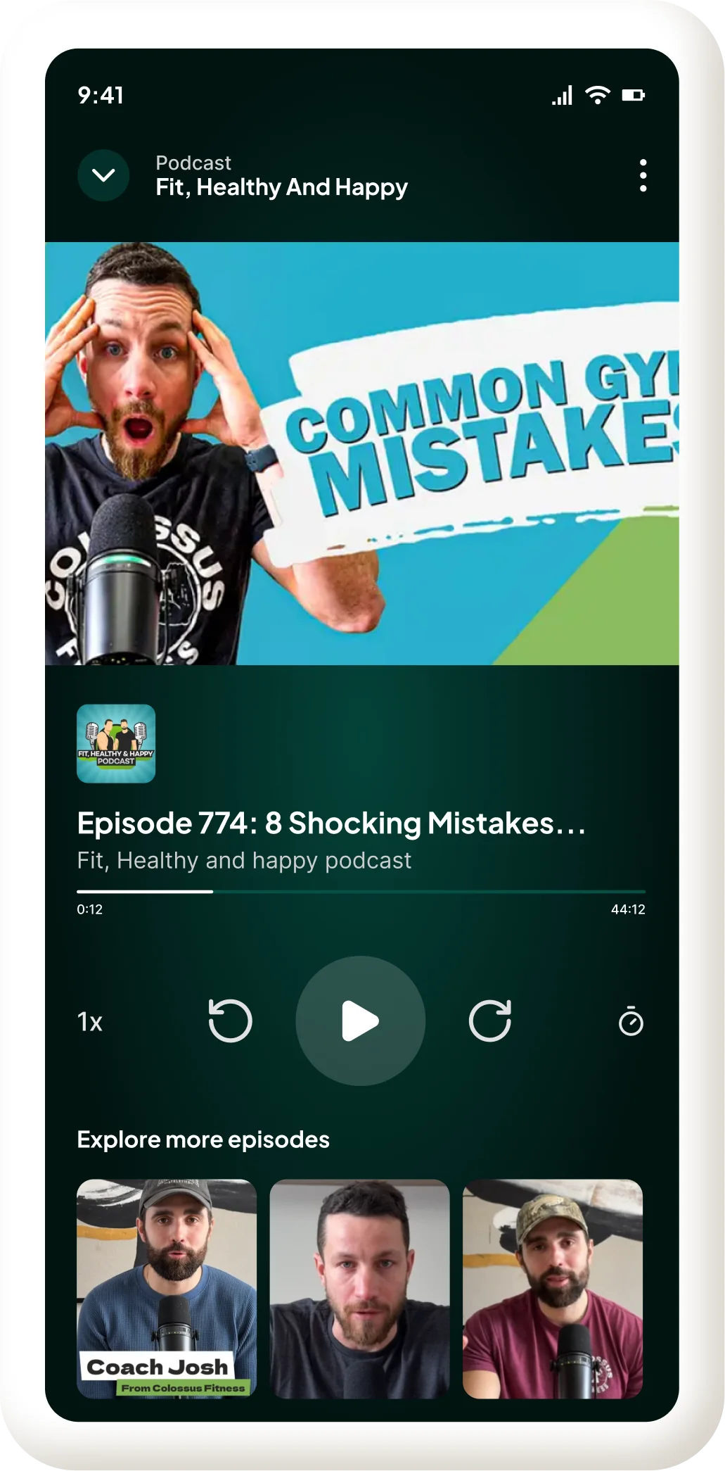 Fit, healthy and happy podcast episode screen showing coaching content and video episodes