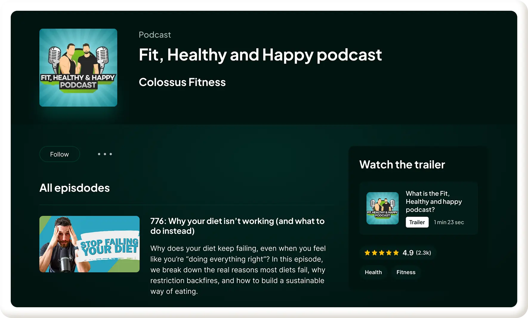 Fit Healthy and Happy podcast by Colossus Fitness showing fitness coaching episodes and educational content