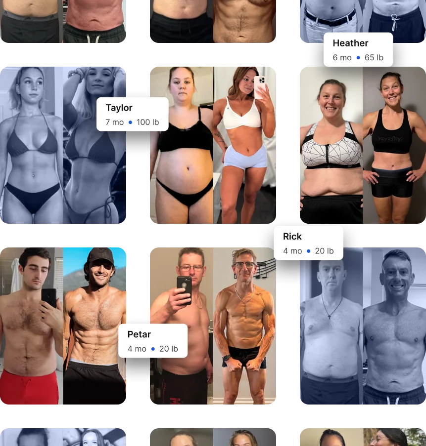 Collage of real client transformations showing before and after weight loss results with timelines and progress