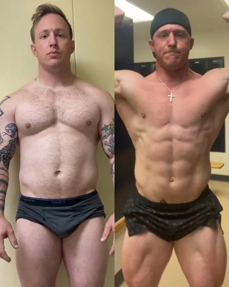 Before and after transformation showing body composition changes and fat loss progress