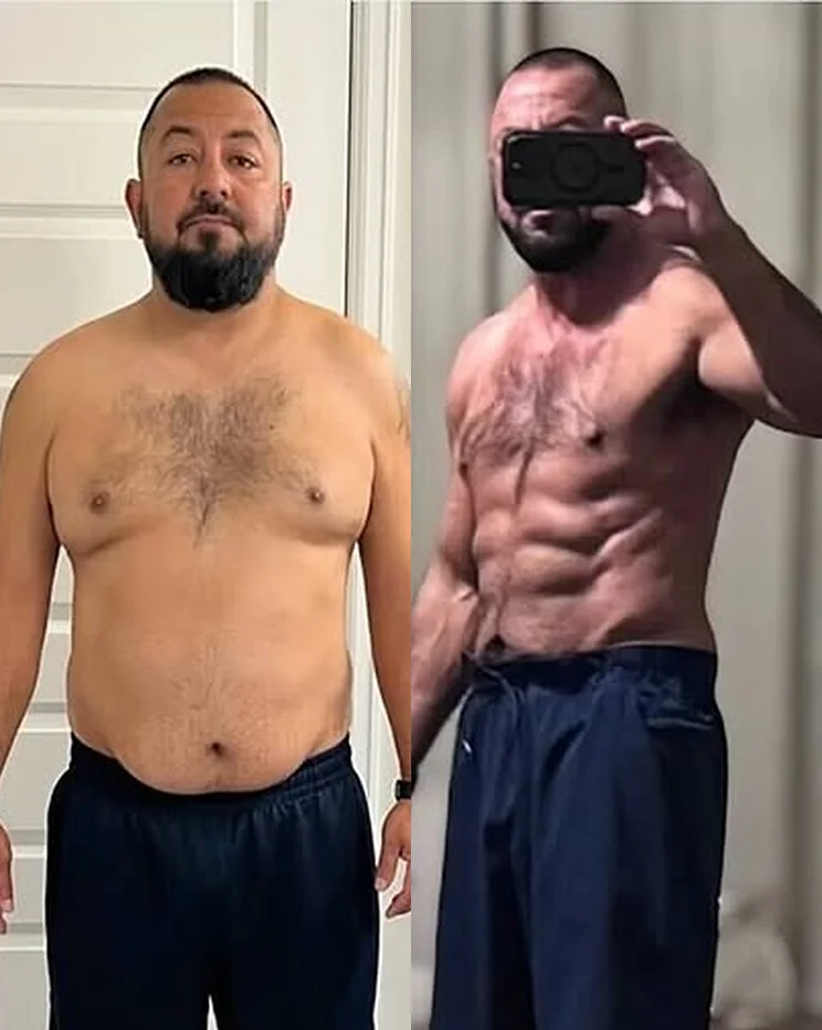 Before and after fitness transformation showing fat loss and improved body composition