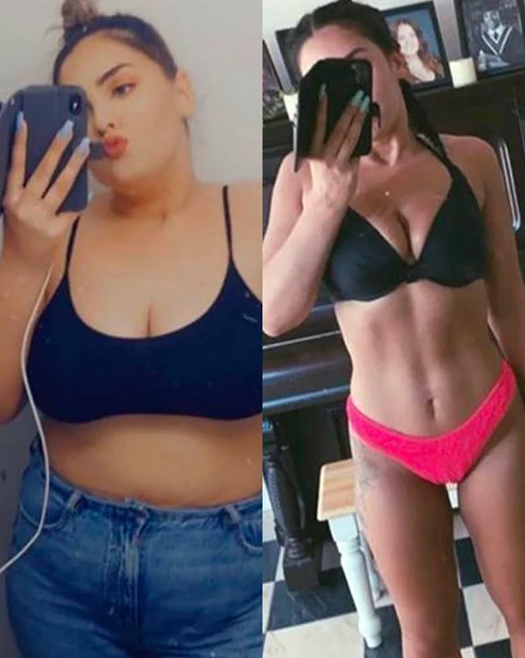 Before and after weight loss transformation showing fat loss and improved physique