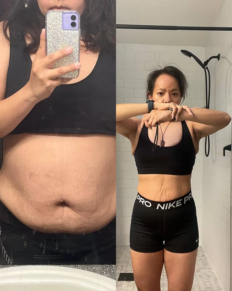 Before and after weight loss transformation showing fat loss and improved physique