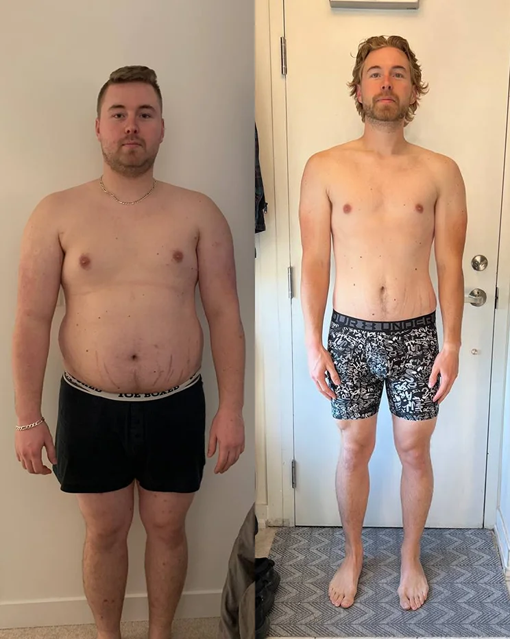 Client transformation showing fat loss and improved physique results from coaching