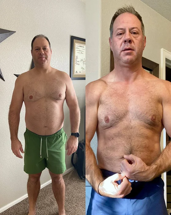Before and after fitness transformation showing fat loss and improved body composition