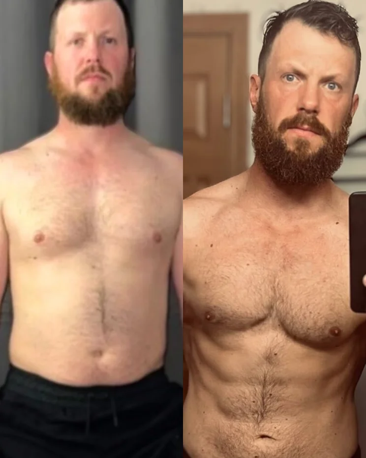 Before and after weight loss transformation showing fat loss and improved physique