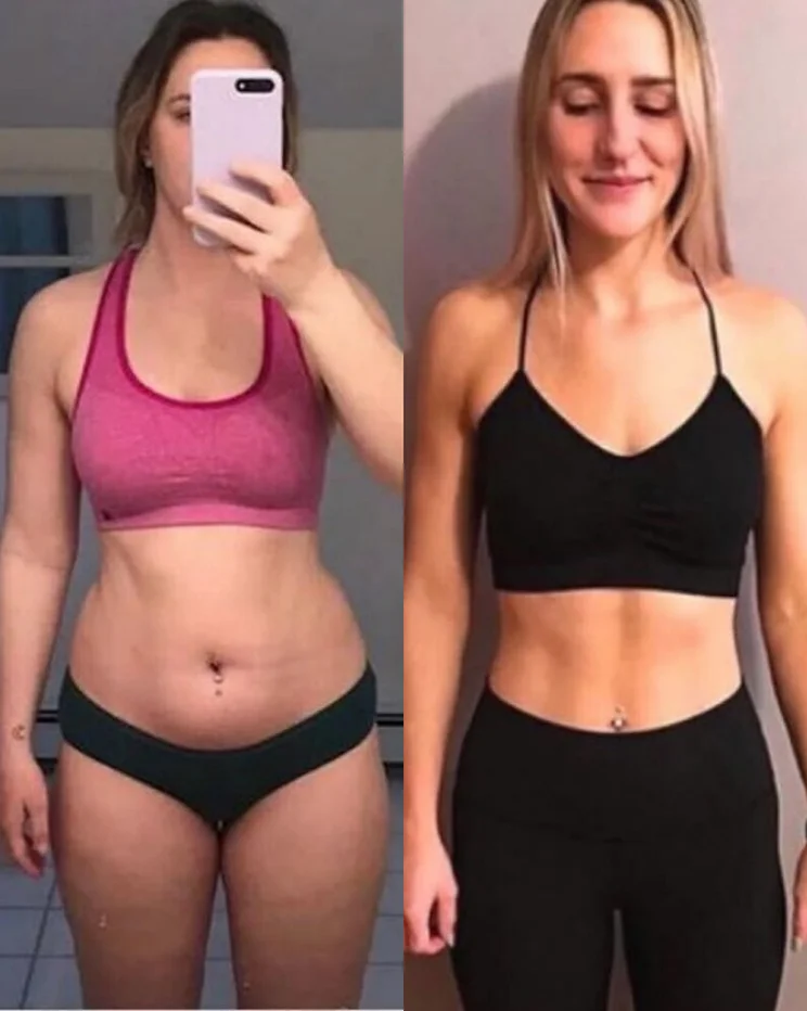 Client transformation showing fat loss and improved physique results from coaching