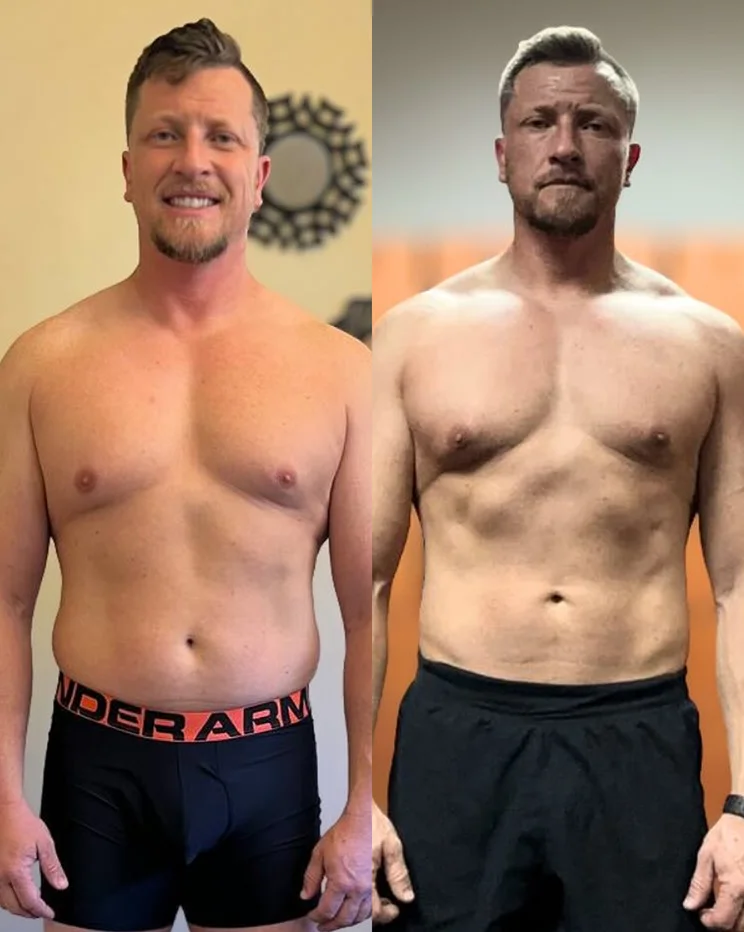 Before and after transformation showing body composition changes and fat loss progress